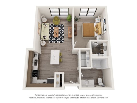 Floor plan for 1 bed, 1 bath, 717 sqft